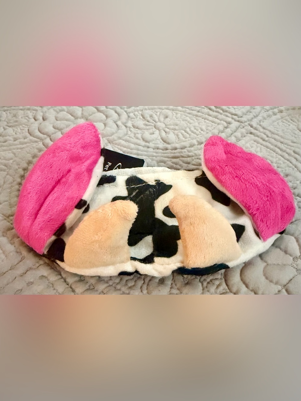 🐾 Plush Cow-Print Pet Headband with Bright Pink Ears